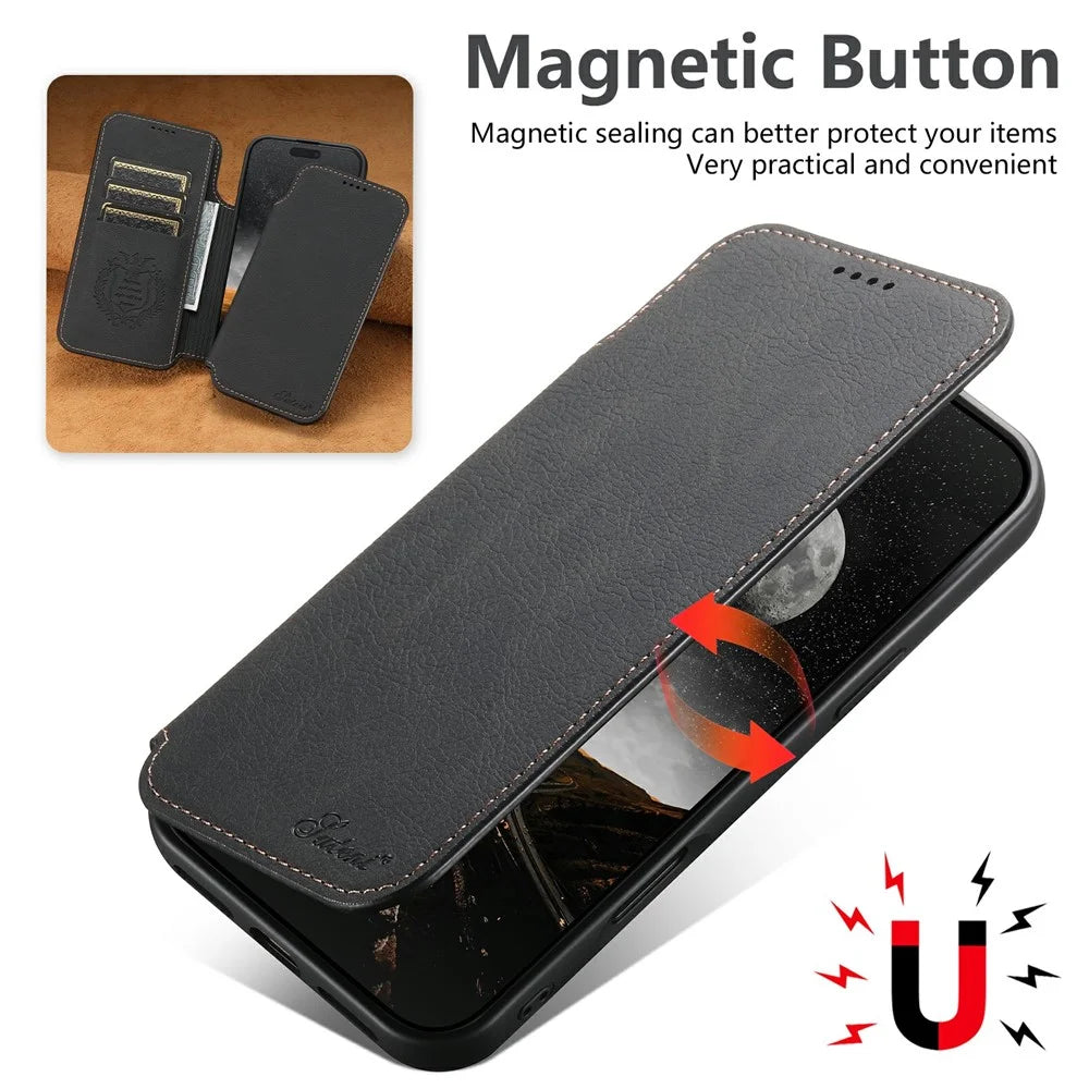 SUTENI J06 For iPhone 17 Pro Case Litchi Texture Leather Wallet Phone Shell Compatible with MagSafe - Black - 6