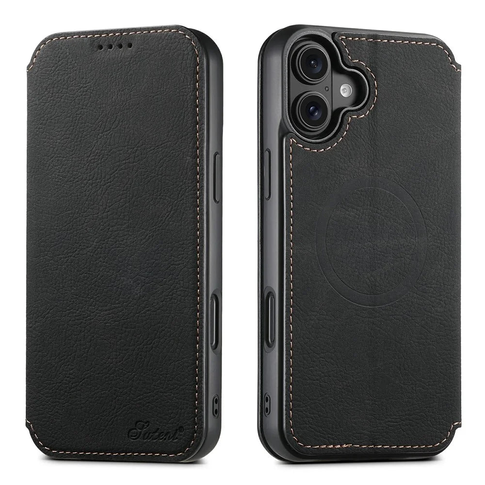 SUTENI J06 For iPhone 17 Case Litchi Texture Leather Wallet Phone Shell Compatible with MagSafe - Black - 1