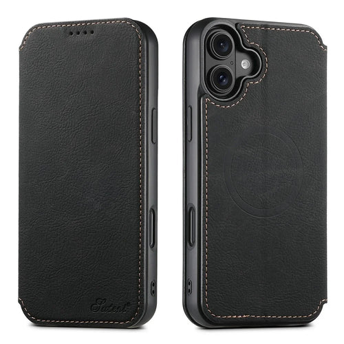 SUTENI J06 For iPhone 17 Case Litchi Texture Leather Wallet Phone Shell Compatible with MagSafe - Black - 1
