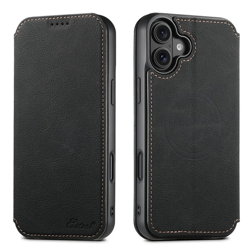 SUTENI J06 For iPhone 17 Case Litchi Texture Leather Wallet Phone Shell Compatible with MagSafe - Black - 1