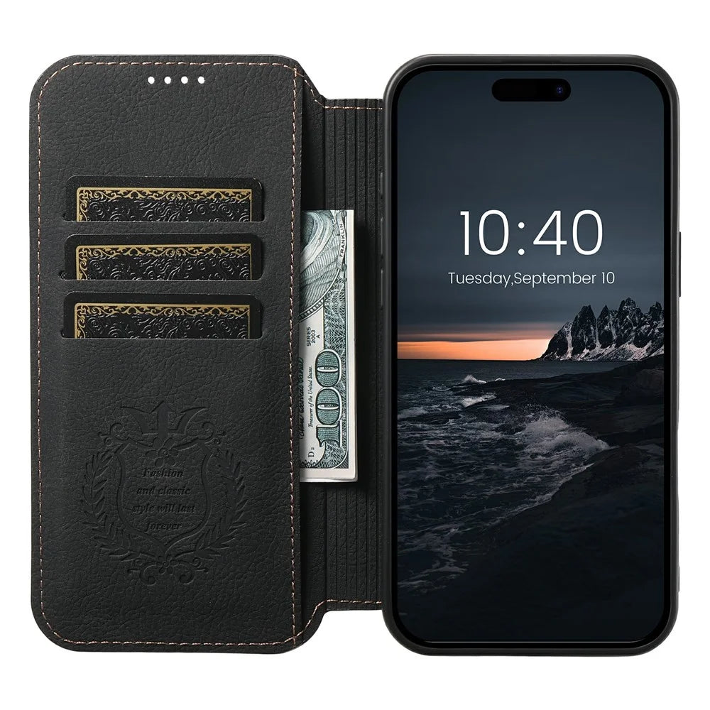SUTENI J06 For iPhone 17 Case Litchi Texture Leather Wallet Phone Shell Compatible with MagSafe - Black - 2