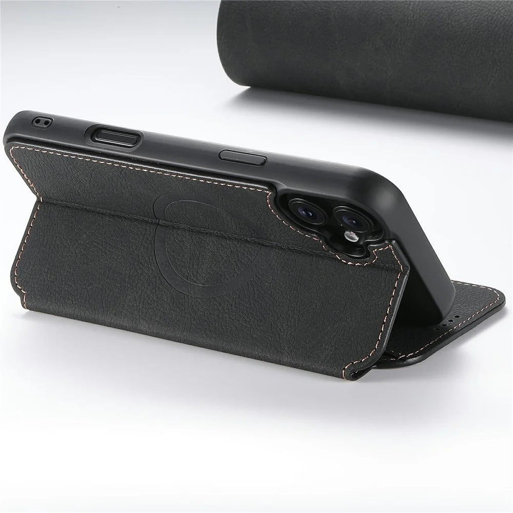 SUTENI J06 For iPhone 17 Case Litchi Texture Leather Wallet Phone Shell Compatible with MagSafe - Black - 3