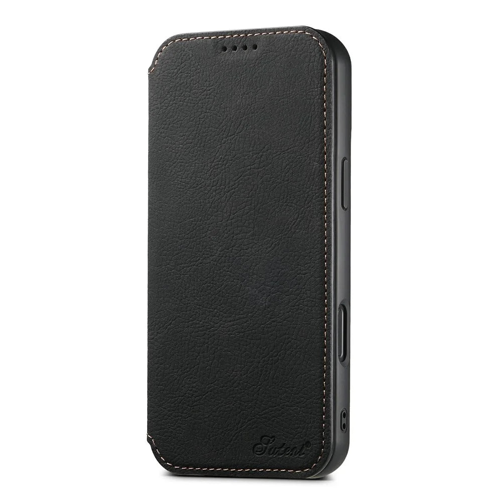 SUTENI J06 For iPhone 17 Case Litchi Texture Leather Wallet Phone Shell Compatible with MagSafe - Black - 6