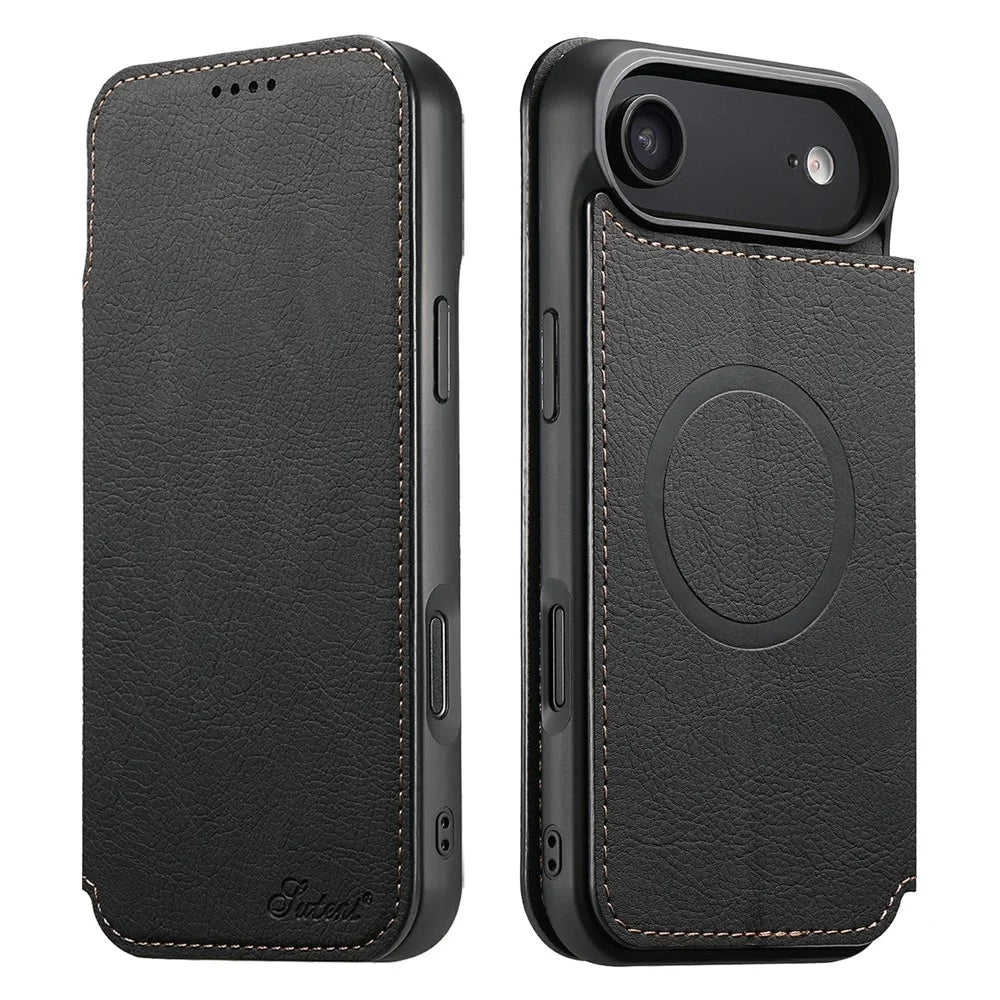 SUTENI J06 For iPhone Air Case Litchi Texture Leather Wallet Phone Shell Compatible with MagSafe - Black - 1