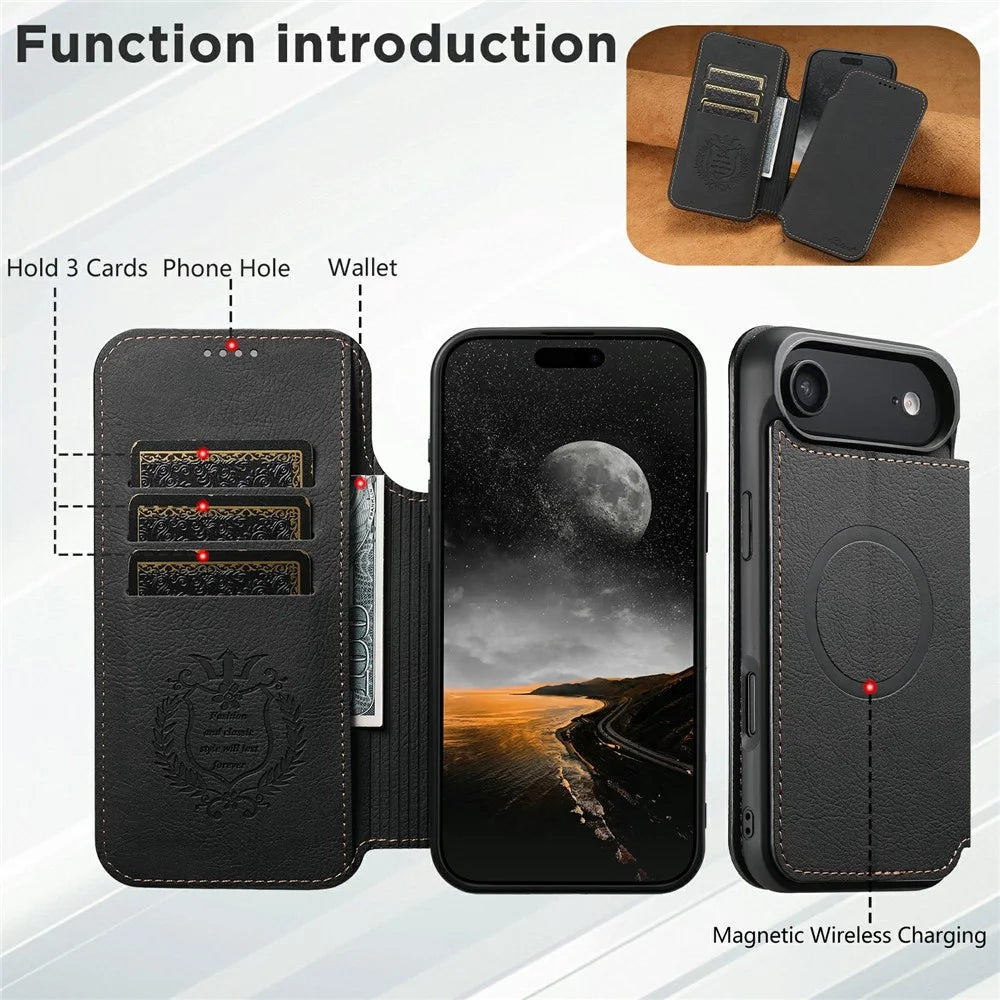 SUTENI J06 For iPhone Air Case Litchi Texture Leather Wallet Phone Shell Compatible with MagSafe - Black - 4