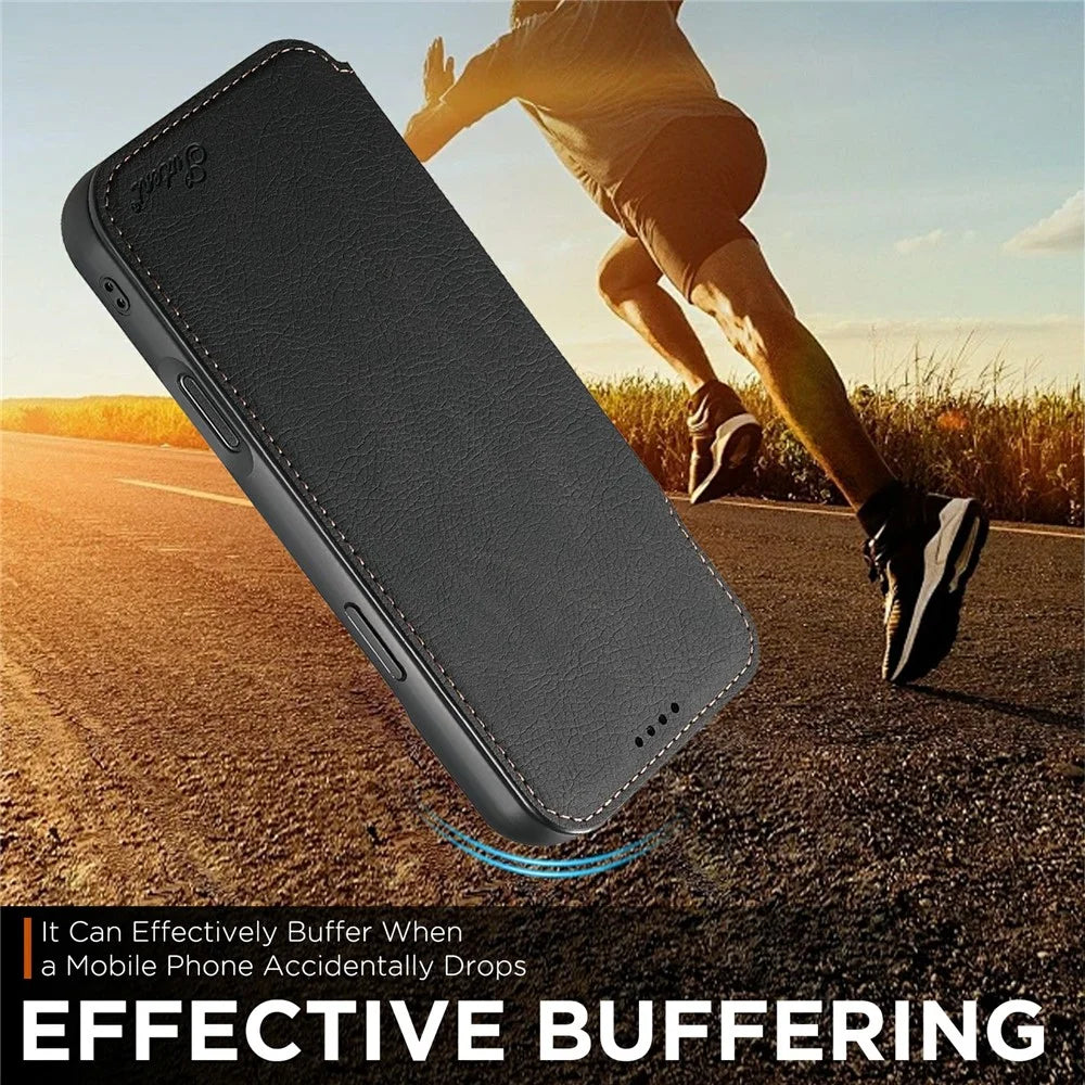 SUTENI J06 For iPhone Air Case Litchi Texture Leather Wallet Phone Shell Compatible with MagSafe - Black - 6