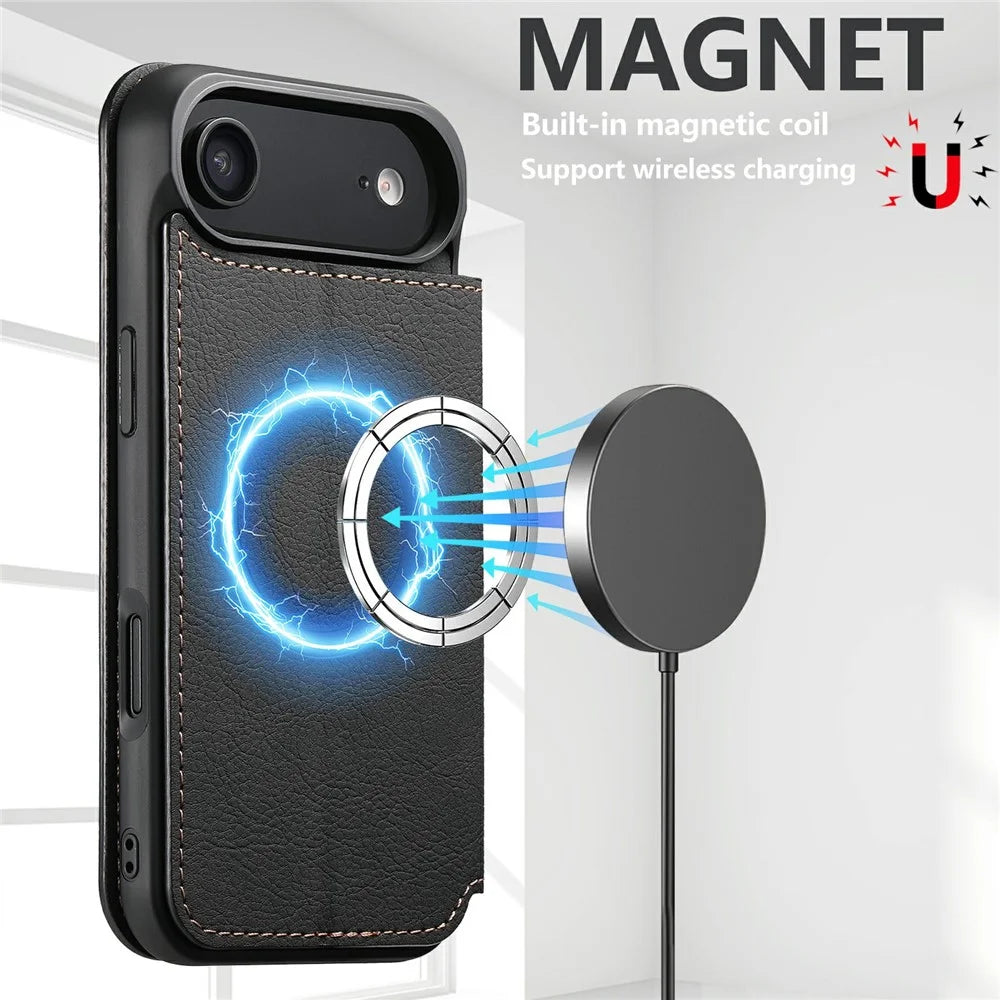 SUTENI J06 For iPhone Air Case Litchi Texture Leather Wallet Phone Shell Compatible with MagSafe - Black - 7
