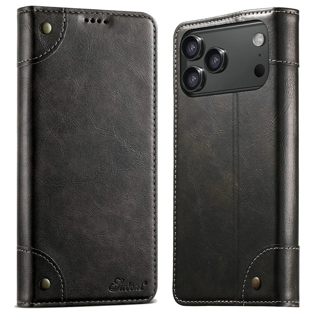 SUTENI For iPhone 17 Pro Case PU Leather Stand Wallet Phone Cover - Black - 1
