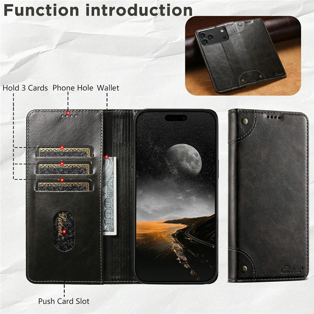 SUTENI For iPhone 17 Pro Case PU Leather Stand Wallet Phone Cover - Black - 2