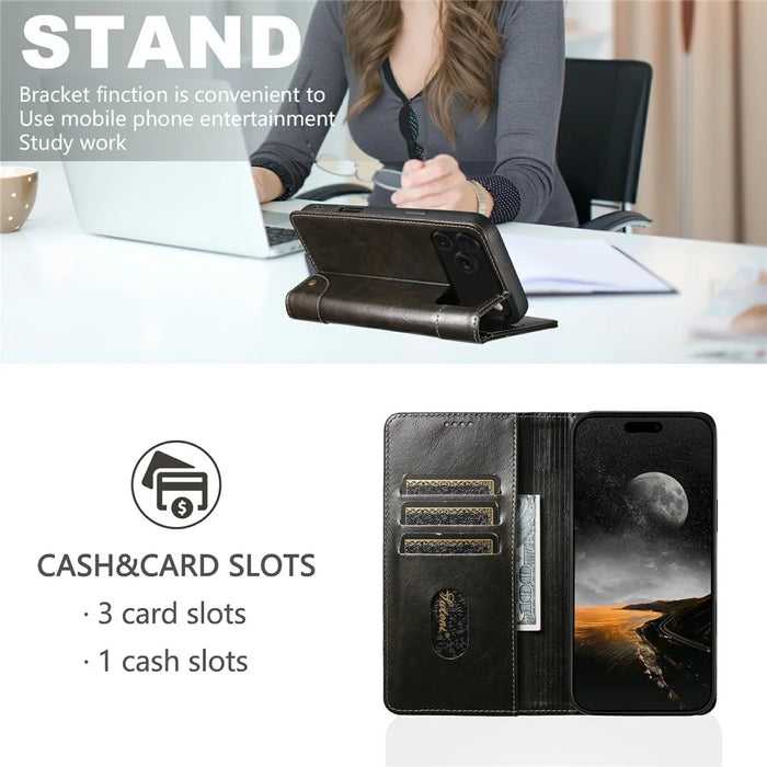 SUTENI For iPhone 17 Pro Case PU Leather Stand Wallet Phone Cover - Black - 3