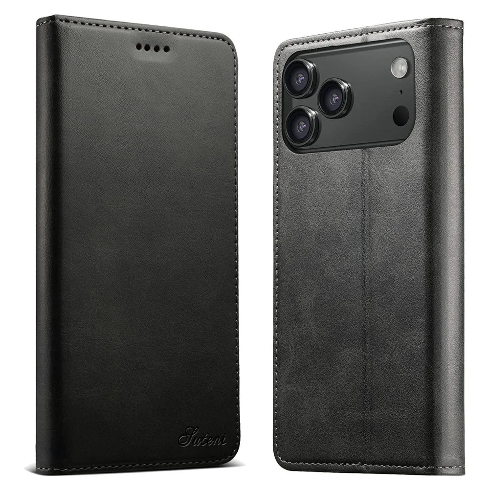 SUTENI For iPhone 17 Pro Max Case PU Leather Wallet Stand Magnetic Closing Phone Cover - Black - 1