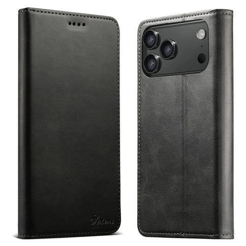 SUTENI For iPhone 17 Pro Max Case PU Leather Wallet Stand Magnetic Closing Phone Cover - Black - 1