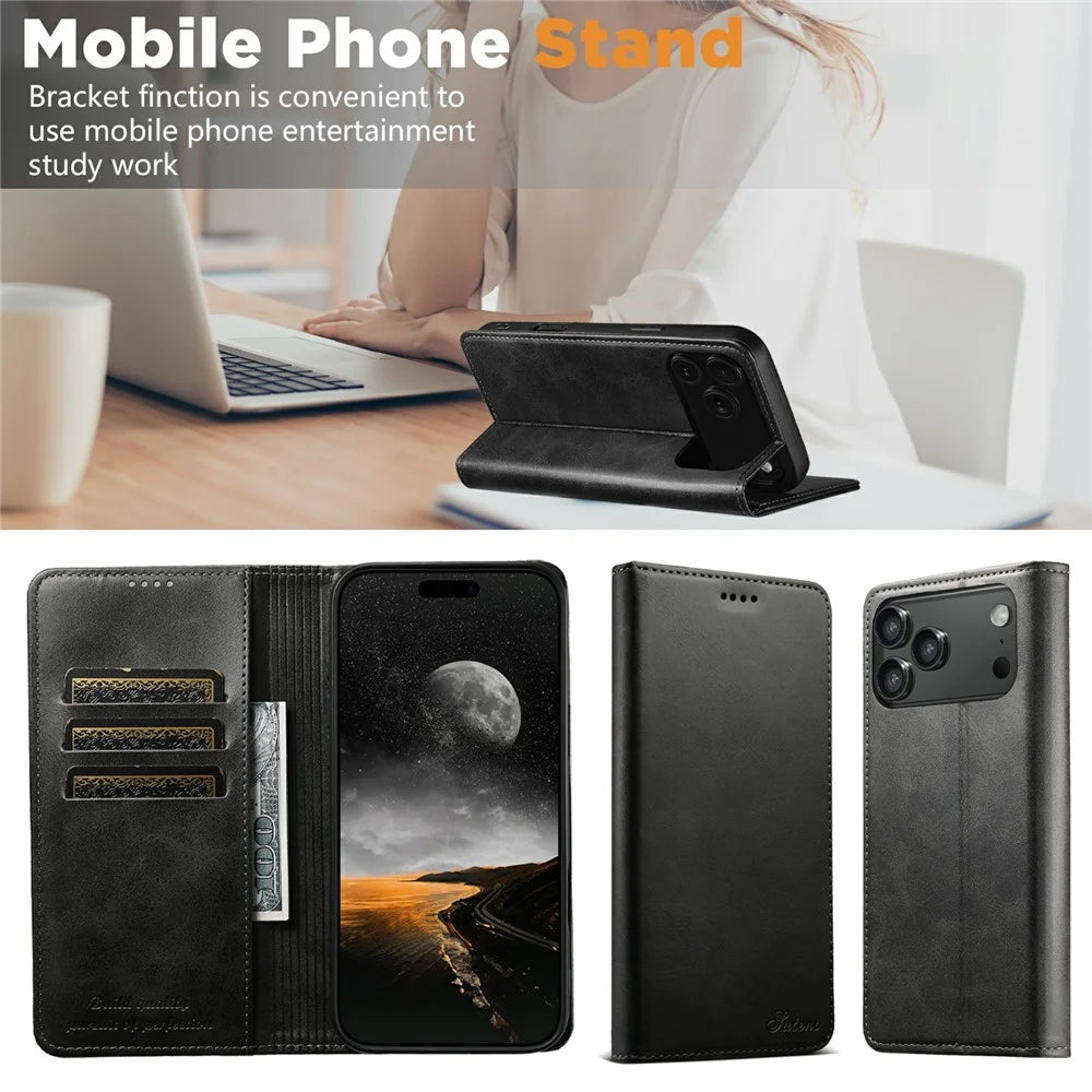 SUTENI For iPhone 17 Pro Max Case PU Leather Wallet Stand Magnetic Closing Phone Cover - Black - 4