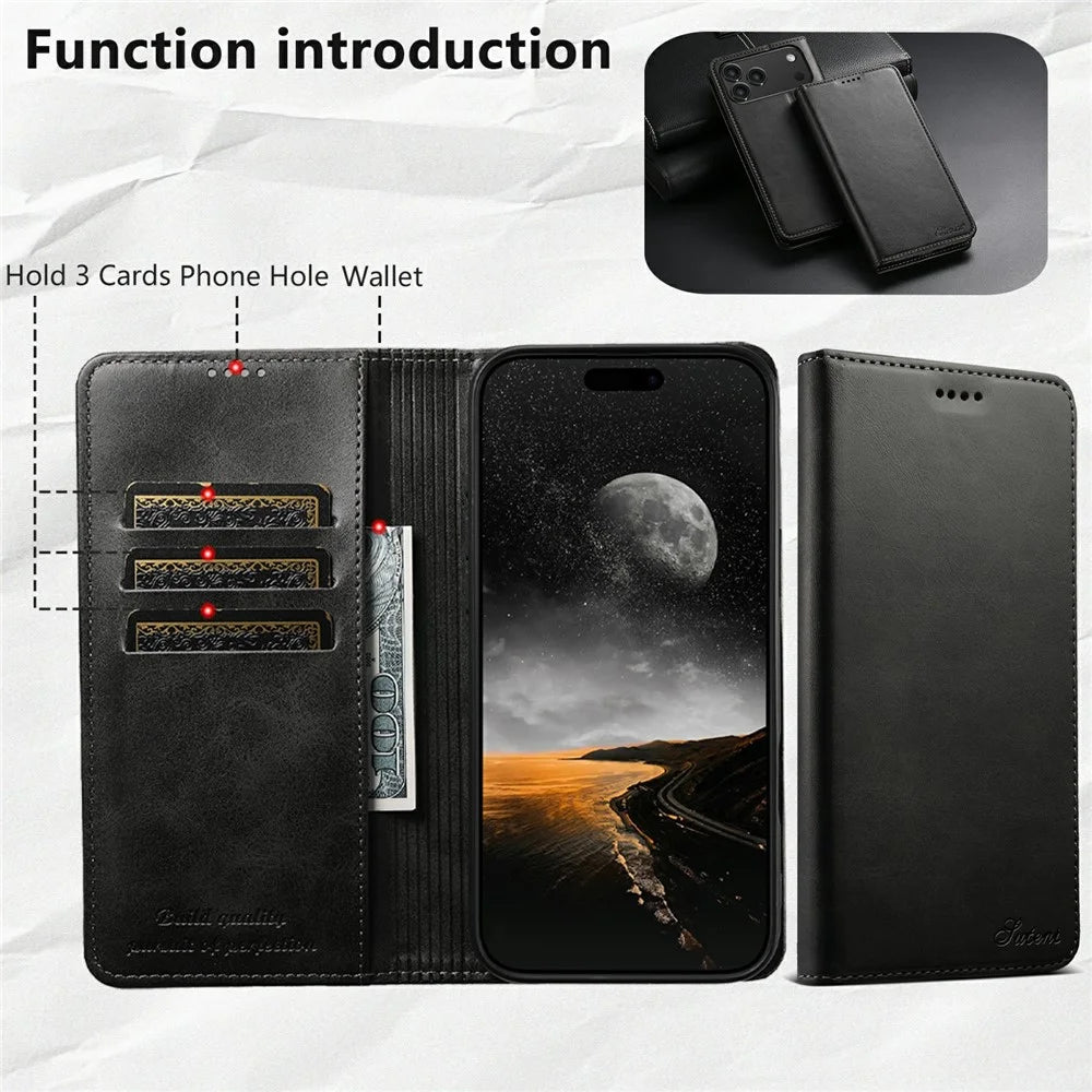 SUTENI For iPhone 17 Pro Max Case PU Leather Wallet Stand Magnetic Closing Phone Cover - Black - 5