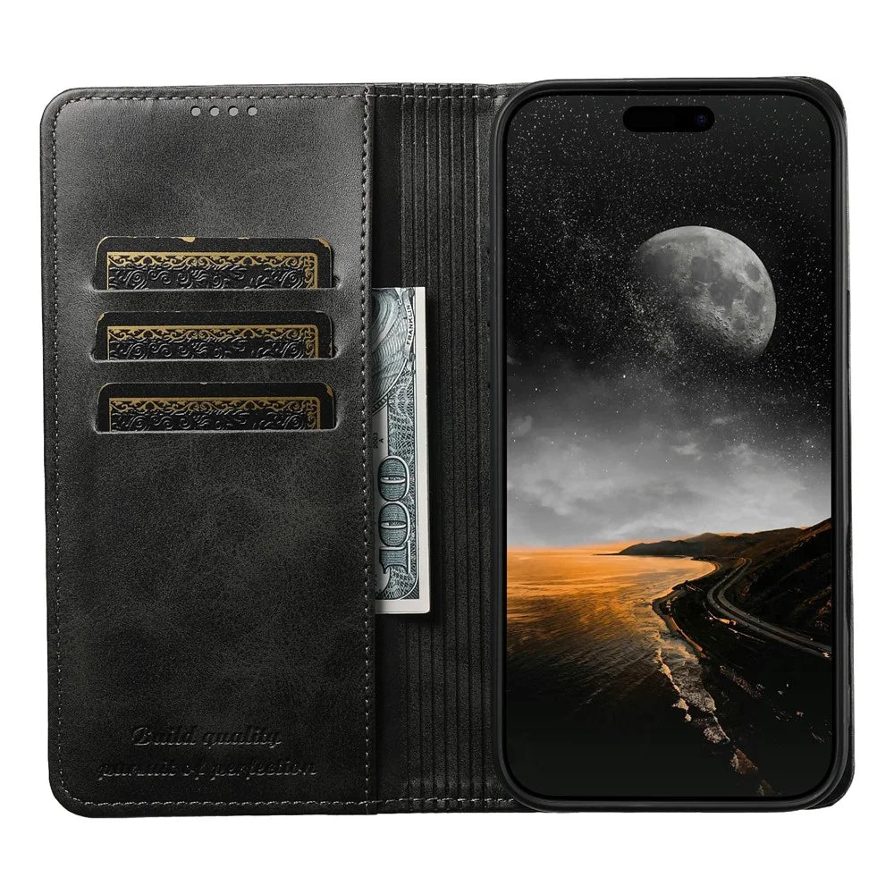 SUTENI For iPhone 17 Pro Case PU Leather Wallet Stand Magnetic Closing Phone Cover - Black - 2