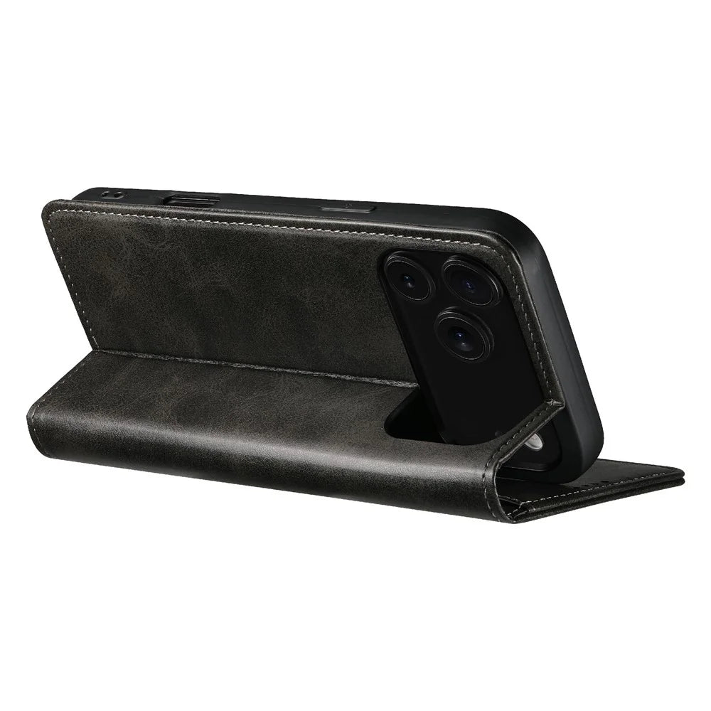SUTENI For iPhone 17 Pro Case PU Leather Wallet Stand Magnetic Closing Phone Cover - Black - 3