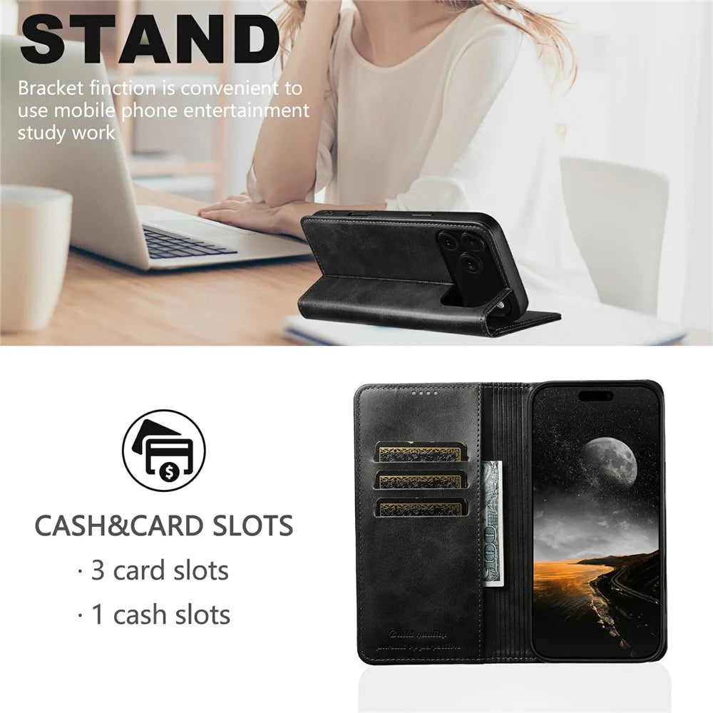SUTENI For iPhone 17 Pro Case PU Leather Wallet Stand Magnetic Closing Phone Cover - Black - 6