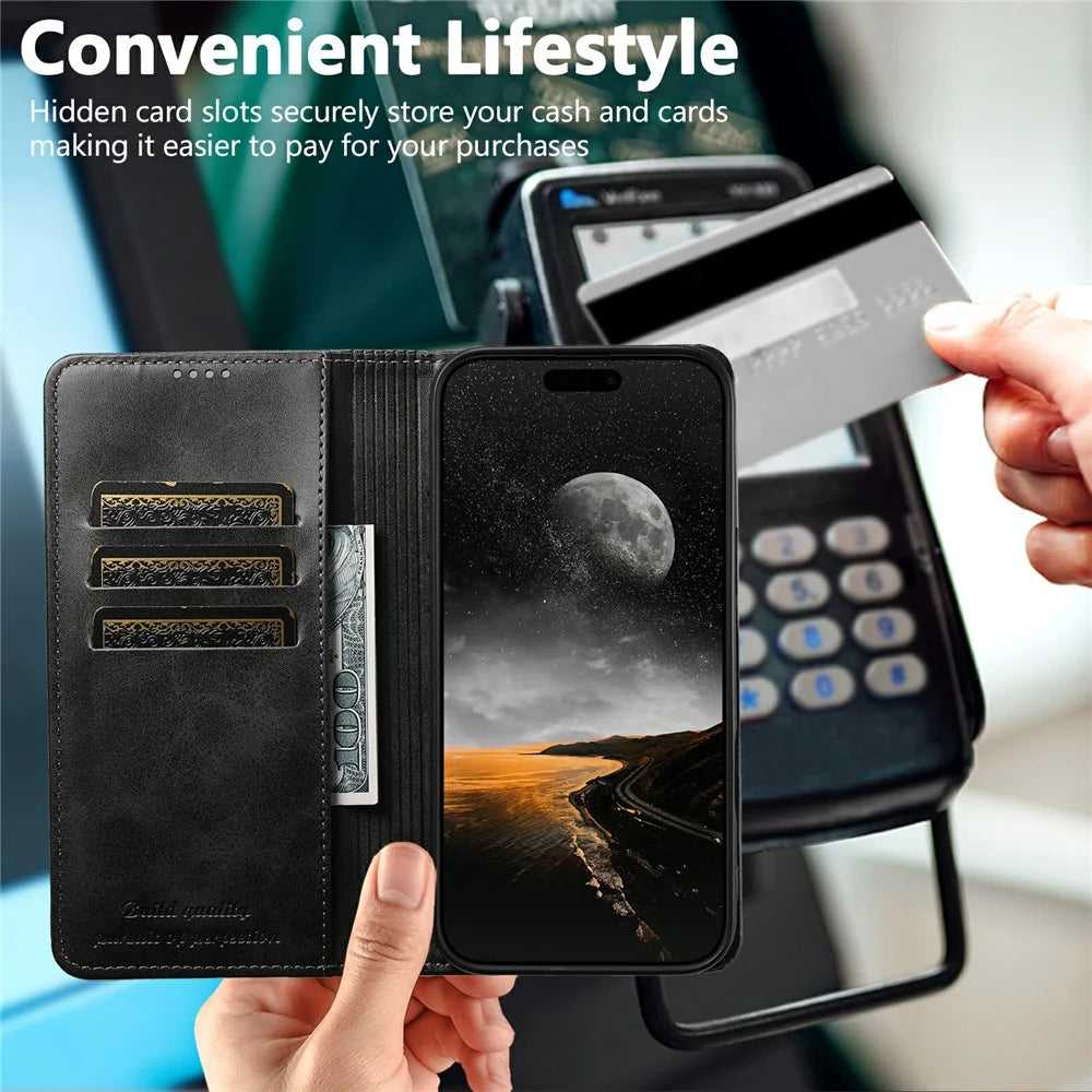 SUTENI For iPhone 17 Pro Case PU Leather Wallet Stand Magnetic Closing Phone Cover - Black - 7