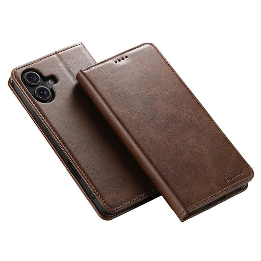 SUTENI For iPhone 17 Case PU Leather Wallet Stand Magnetic Closing Phone Cover - Brown - 1