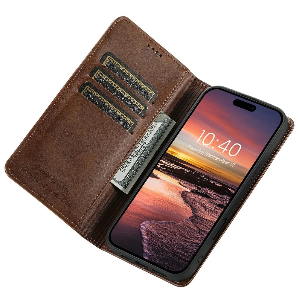 SUTENI For iPhone 17 Case PU Leather Wallet Stand Magnetic Closing Phone Cover - Brown - 2