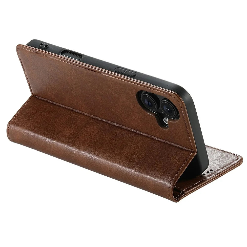 SUTENI For iPhone 17 Case PU Leather Wallet Stand Magnetic Closing Phone Cover - Brown - 3