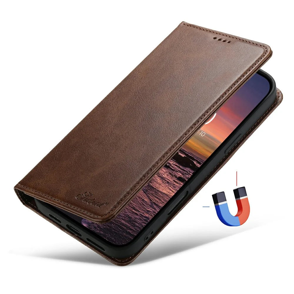 SUTENI For iPhone 17 Case PU Leather Wallet Stand Magnetic Closing Phone Cover - Brown - 4