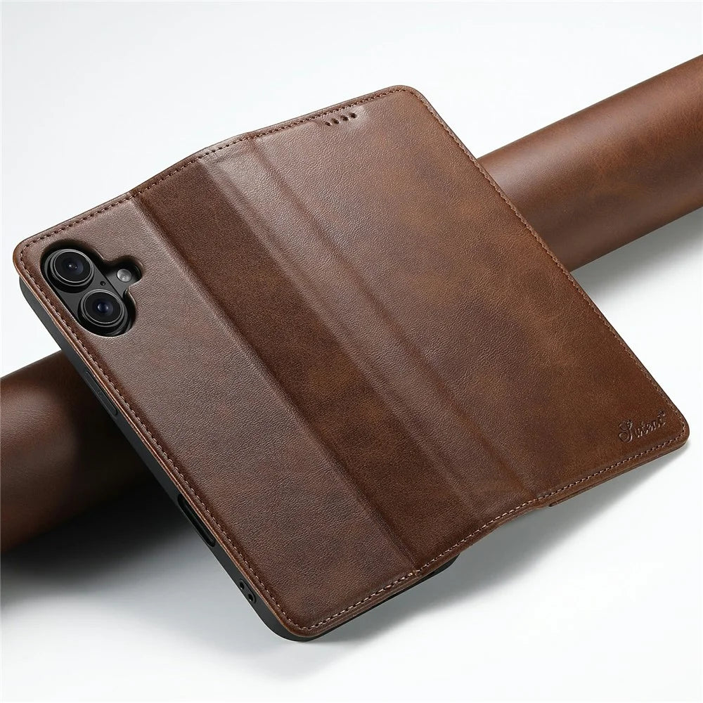 SUTENI For iPhone 17 Case PU Leather Wallet Stand Magnetic Closing Phone Cover - Brown - 5