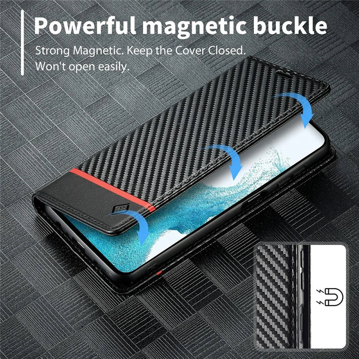 LC.IMEEKE For Samsung Galaxy S25 FE Wallet Case Carbon Fiber Texture Leather Phone Cover - Horizontal Stripe - 7