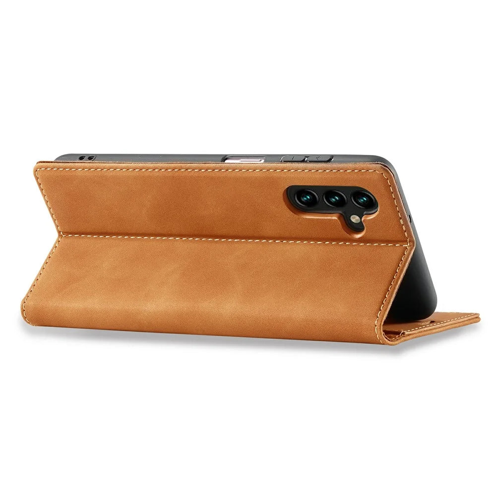LC.IMEEKE For Samsung Galaxy S25 FE Case Wallet Microfiber Leather Phone Cover - Brown - 3