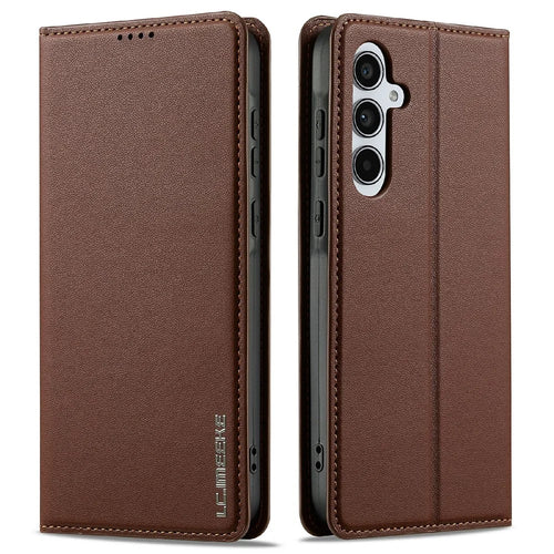 LC.IMEEKE L1 Series for Samsung Galaxy S25 FE Case PU Leather Wallet Stand Protective Phone Cover - Brown - 1