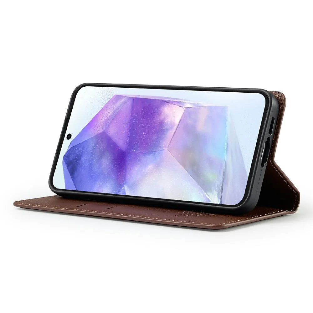 LC.IMEEKE L1 Series for Samsung Galaxy S25 FE Case PU Leather Wallet Stand Protective Phone Cover - Brown - 3