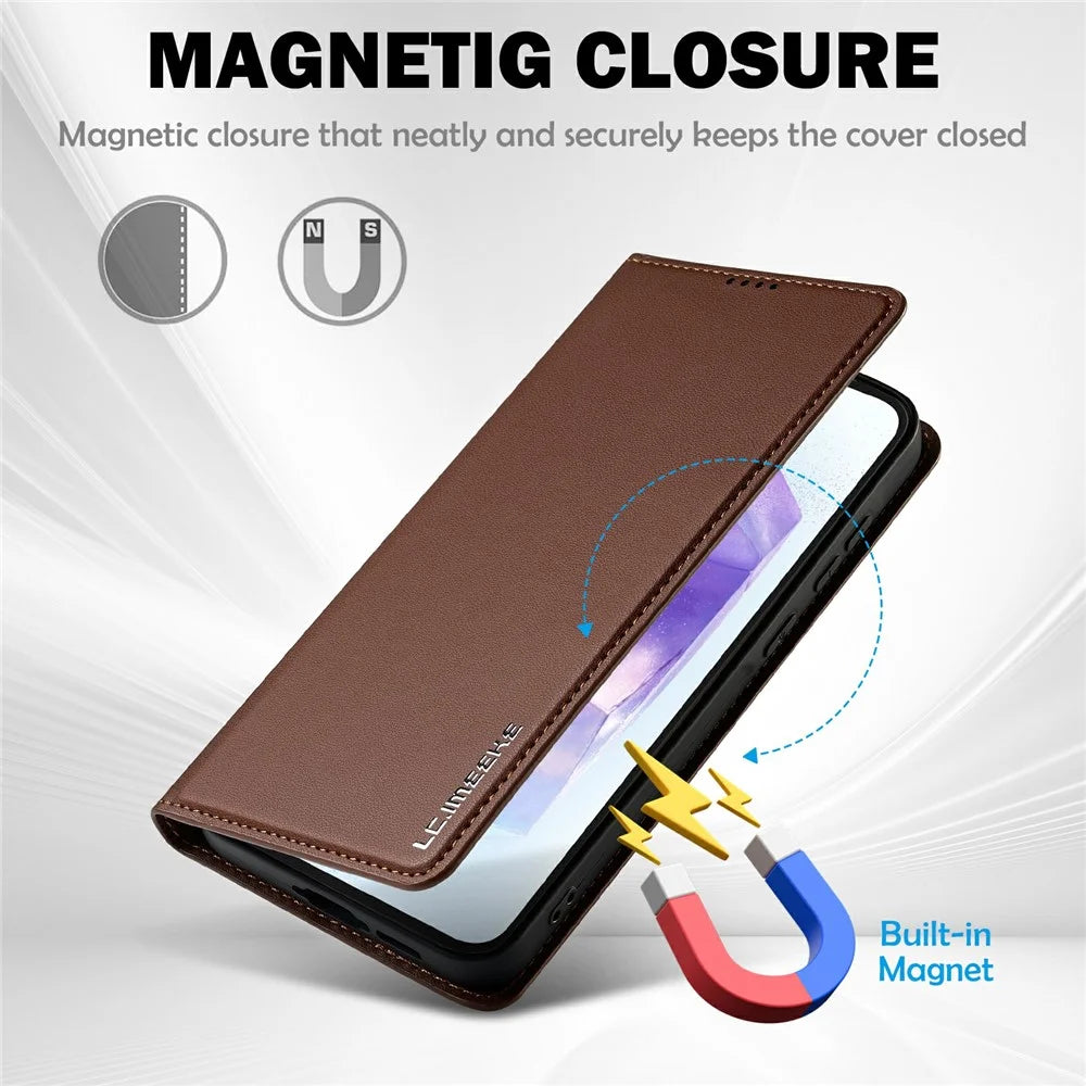 LC.IMEEKE L1 Series for Samsung Galaxy S25 FE Case PU Leather Wallet Stand Protective Phone Cover - Brown - 4