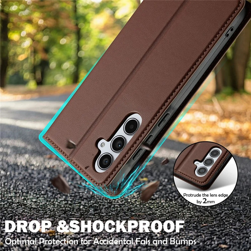 LC.IMEEKE L1 Series for Samsung Galaxy S25 FE Case PU Leather Wallet Stand Protective Phone Cover - Brown - 6