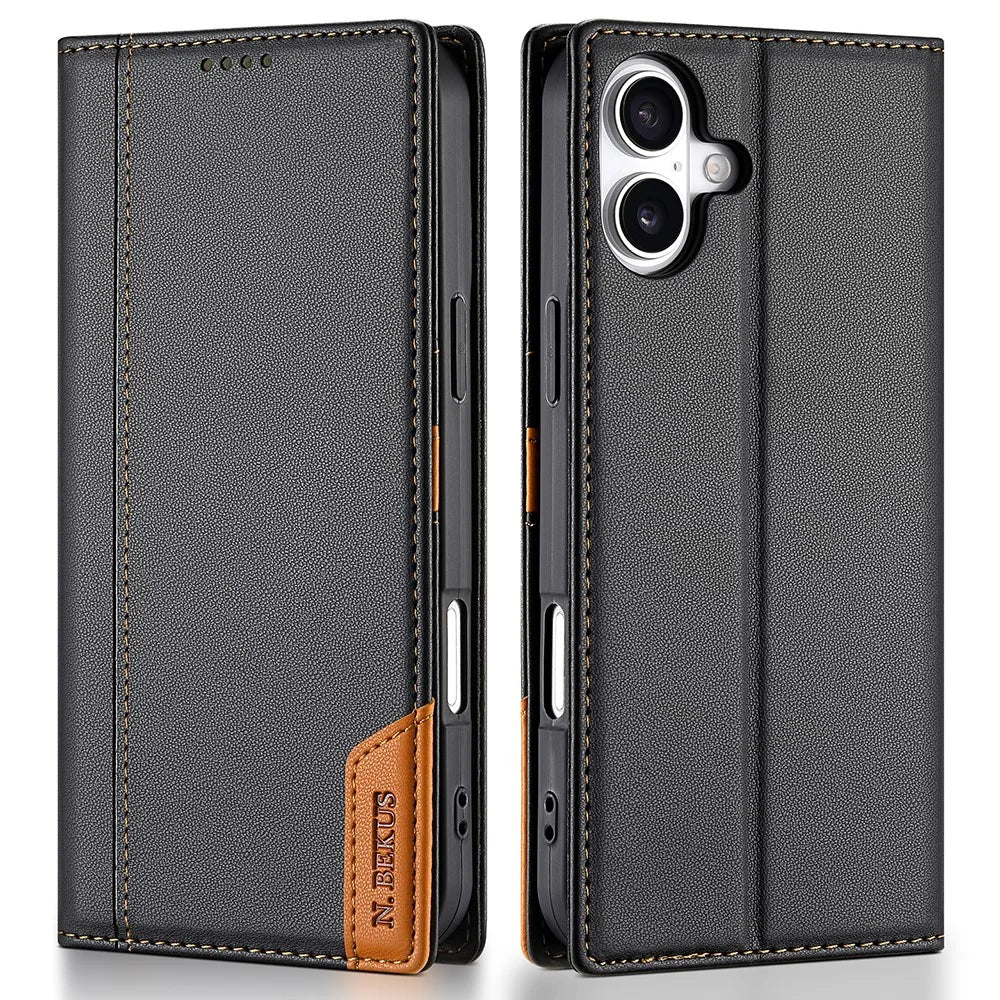 N.BEKUS P3 For iPhone 16 Case RFID Blocking Wallet Stand PU Leather Flip Phone Cover - Black - 1