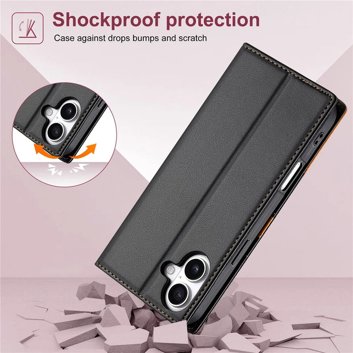 N.BEKUS P3 For iPhone 16 Case RFID Blocking Wallet Stand PU Leather Flip Phone Cover - Black - 6