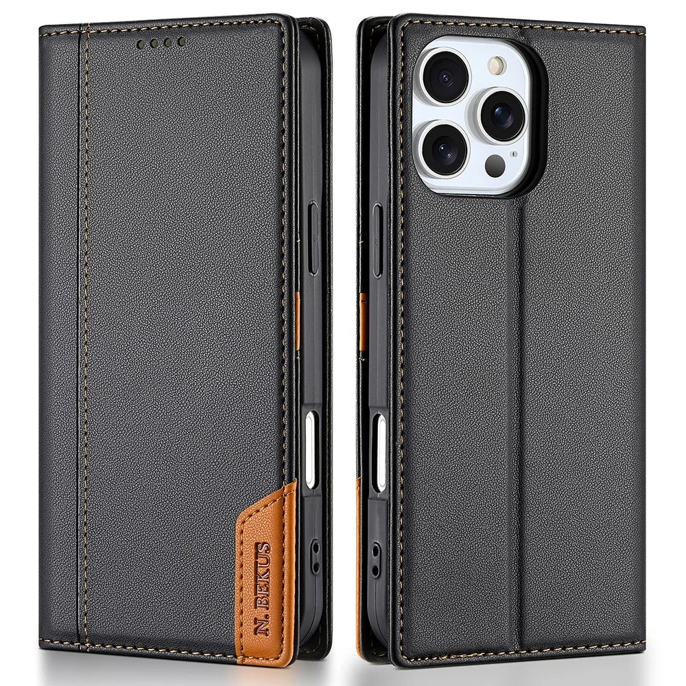 N.BEKUS P3 For iPhone 16 Pro Case RFID Blocking Wallet Stand PU Leather Flip Phone Cover - Black - 1
