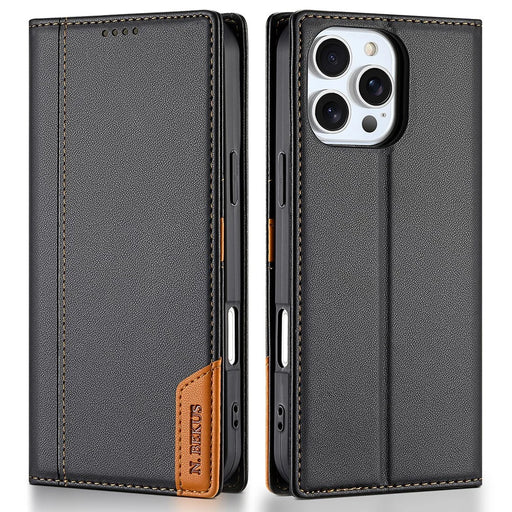 N.BEKUS P3 For iPhone 16 Pro Case RFID Blocking Wallet Stand PU Leather Flip Phone Cover - Black - 1