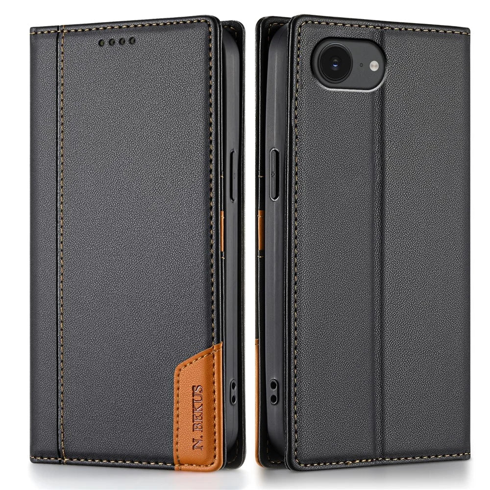 N.BEKUS P3 For iPhone 17e / 16e Case RFID Blocking Wallet Stand PU Leather Flip Phone Cover - Black - 1