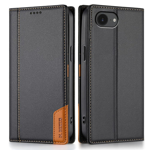 N.BEKUS P3 For iPhone 17e / 16e Case RFID Blocking Wallet Stand PU Leather Flip Phone Cover - Black - 1