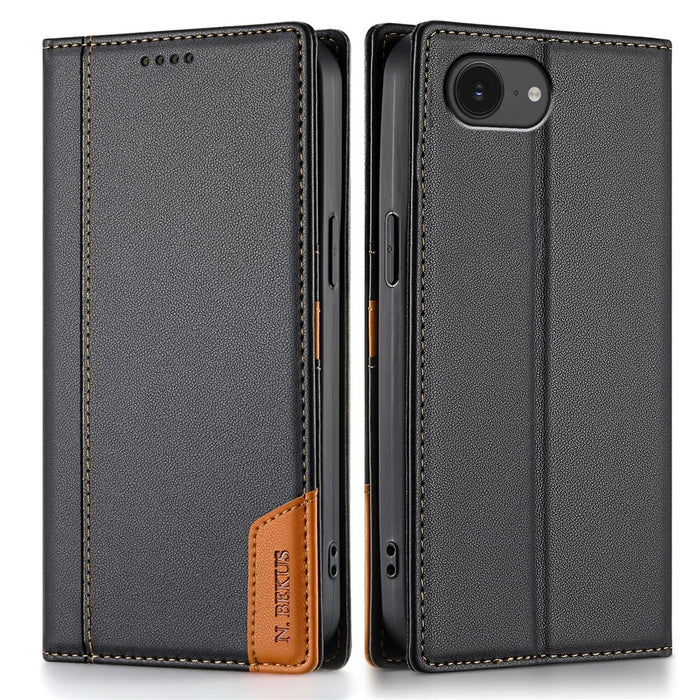 N.BEKUS P3 For iPhone 17e / 16e Case RFID Blocking Wallet Stand PU Leather Flip Phone Cover - Black - 1