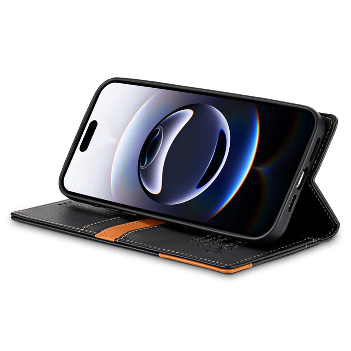 N.BEKUS P3 For iPhone 17e / 16e Case RFID Blocking Wallet Stand PU Leather Flip Phone Cover - Black - 4