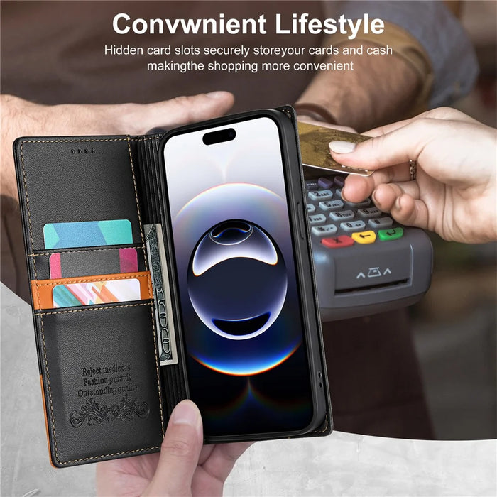N.BEKUS P3 For iPhone 17e / 16e Case RFID Blocking Wallet Stand PU Leather Flip Phone Cover - Black - 5