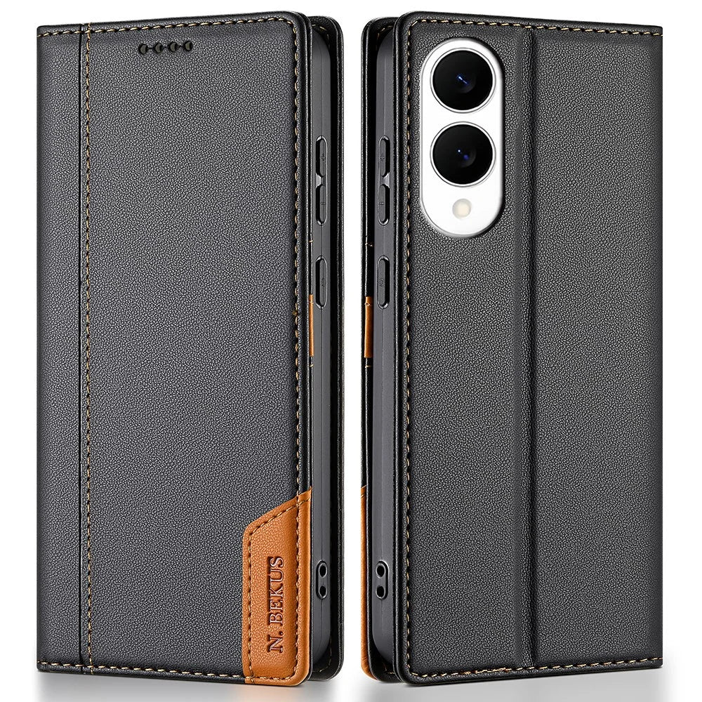N.BEKUS P3 For Samsung Galaxy S25 Edge Case RFID Blocking Wallet Stand PU Leather Flip Phone Cover - Black - 1