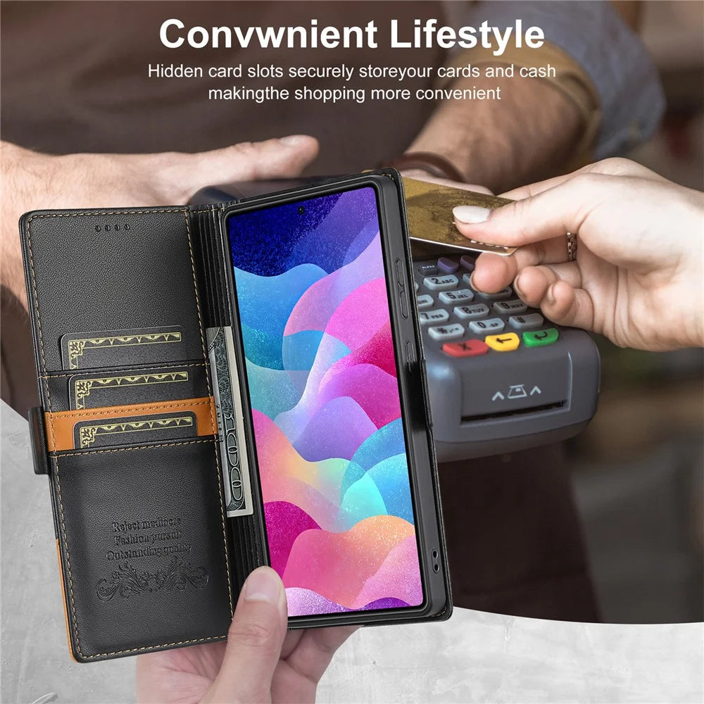 N.BEKUS P3 For Samsung Galaxy S25 Ultra Case RFID Blocking Wallet Stand PU Leather Flip Phone Cover - Black - 6