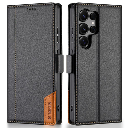 N.BEKUS P3 For Samsung Galaxy S24 Ultra Case RFID Blocking Wallet Stand PU Leather Flip Phone Cover - Black - 1