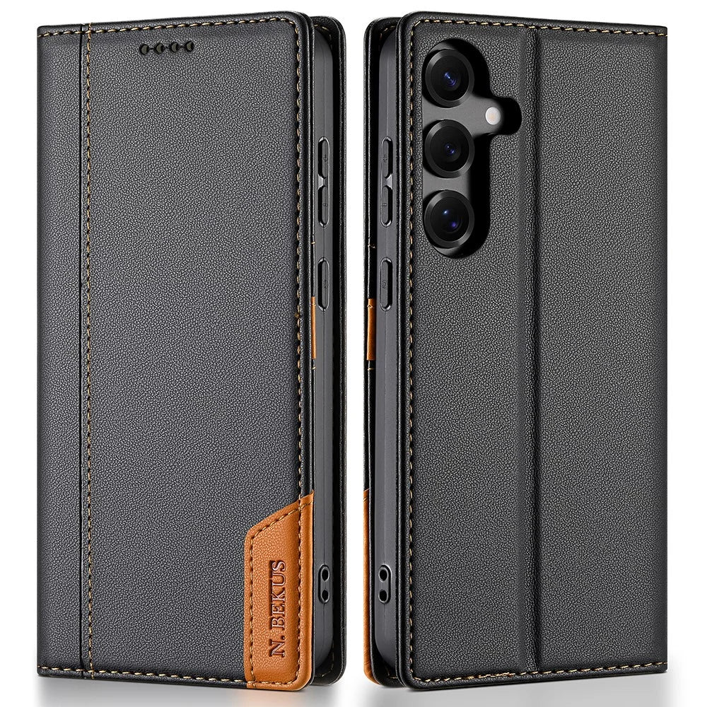 N.BEKUS P3 For Samsung Galaxy S25 FE Case RFID Blocking Wallet Stand PU Leather Flip Phone Cover - Black - 1