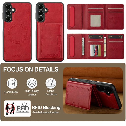 LC.IMEEKE L5 For Samsung Galaxy S25 FE Magnetic Phone Case Leather Back Cover with Detachable Card Holder - Red - 2