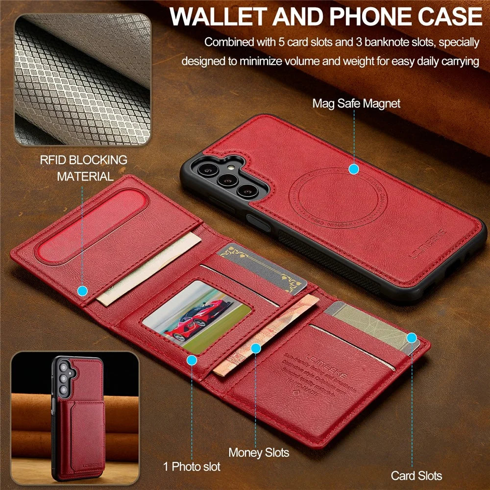 LC.IMEEKE L5 For Samsung Galaxy S25 FE Magnetic Phone Case Leather Back Cover with Detachable Card Holder - Red - 3