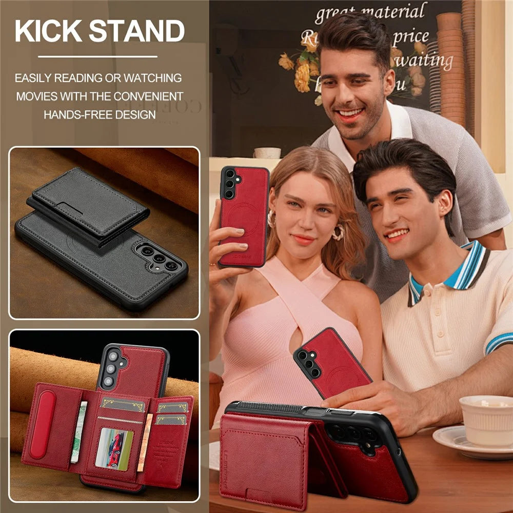 LC.IMEEKE L5 For Samsung Galaxy S25 FE Magnetic Phone Case Leather Back Cover with Detachable Card Holder - Red - 5
