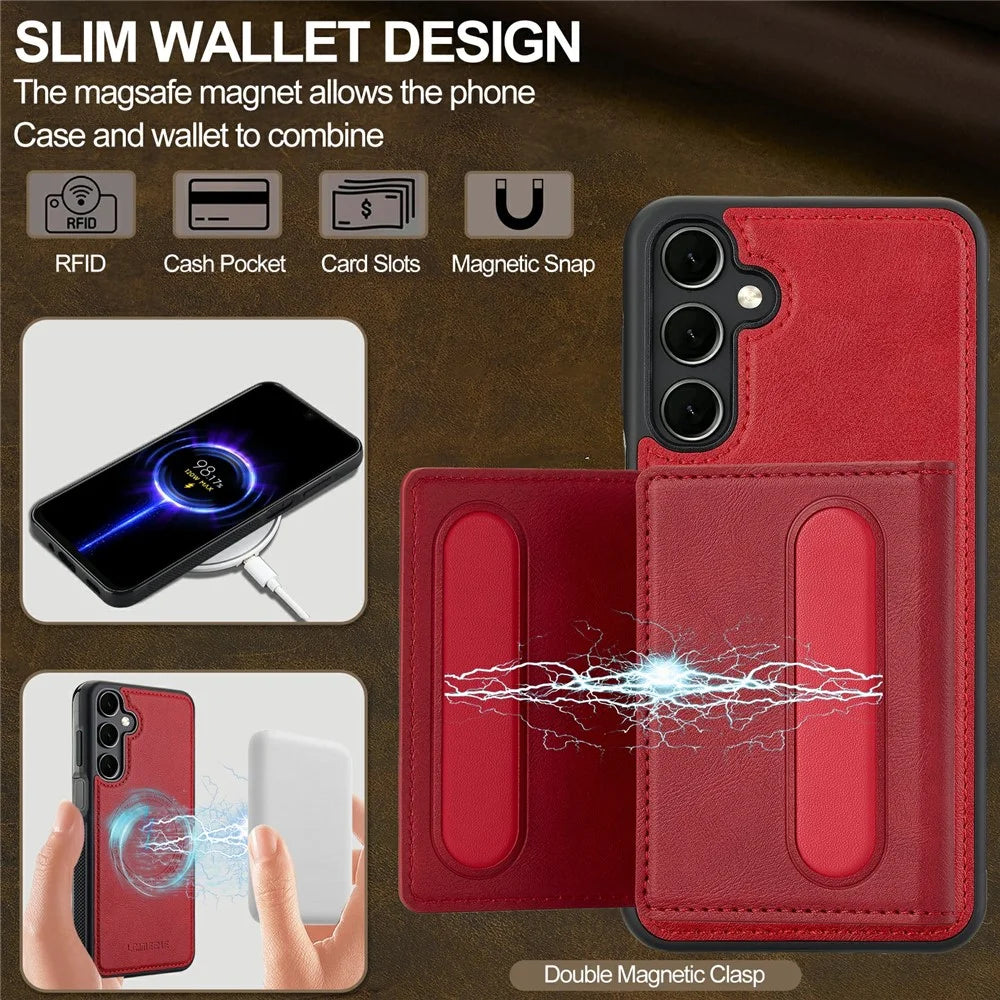 LC.IMEEKE L5 For Samsung Galaxy S25 FE Magnetic Phone Case Leather Back Cover with Detachable Card Holder - Red - 7